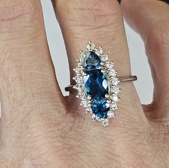 Elongated London Blue Topaz & White Zircon Sterling Silver Ring 💍 💙 Sz 7 - Picture 3 of 13